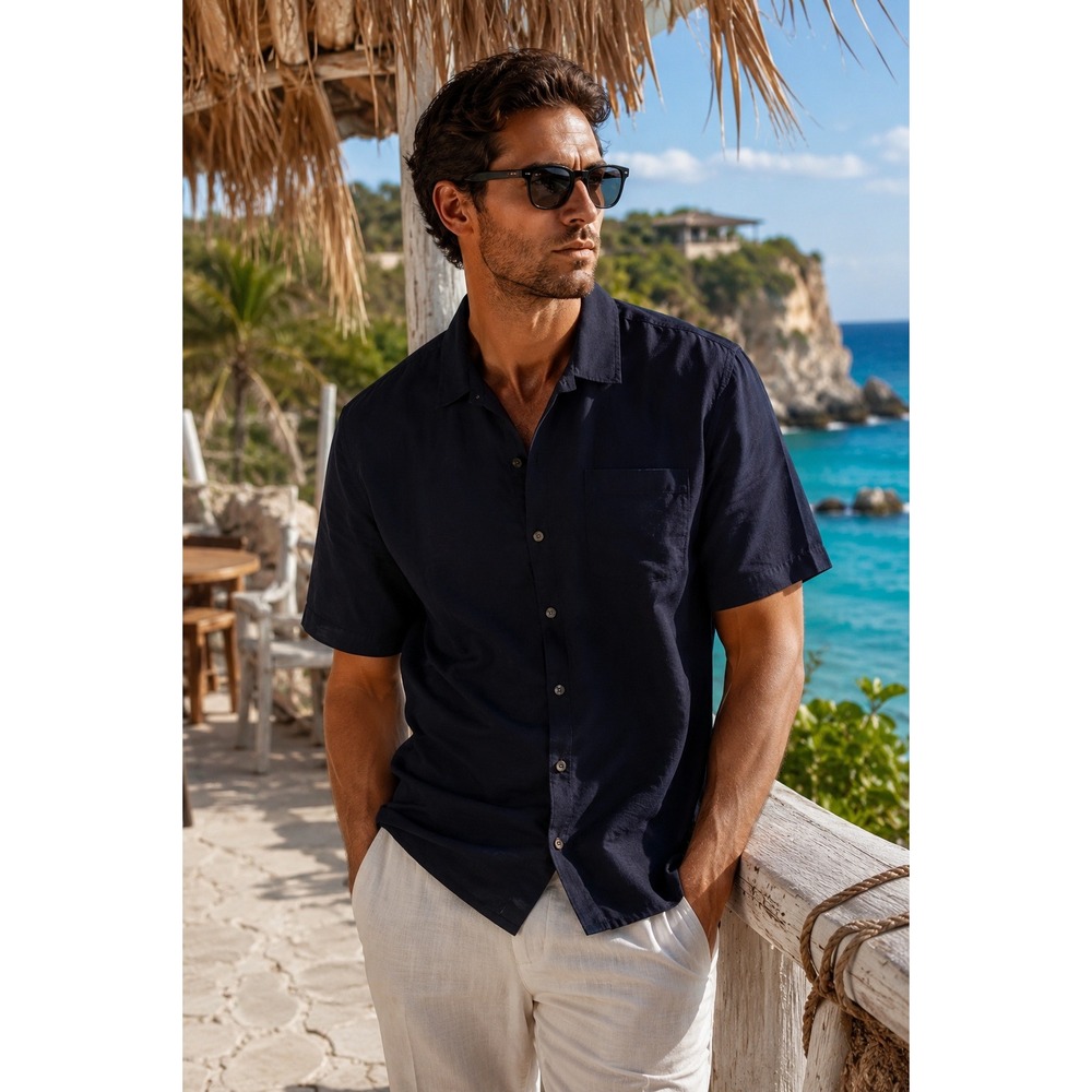 Tasso‎ Elba Men XL Black 100% Linen Short Sleeve Button Down Shirt Pocket Casual